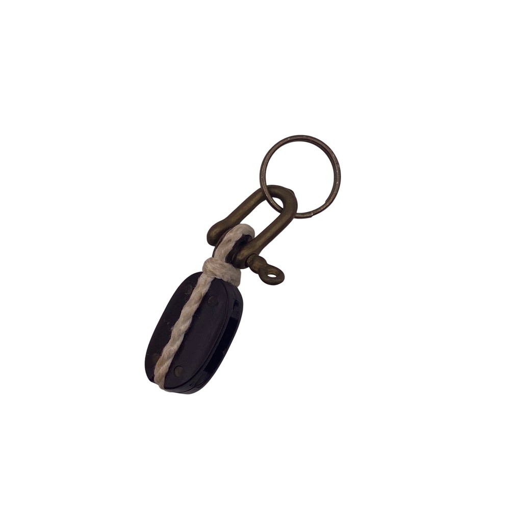 Vintage Nautical Pulley Block Keychain Brass Shackle Rope Wood Maritime Keyring
